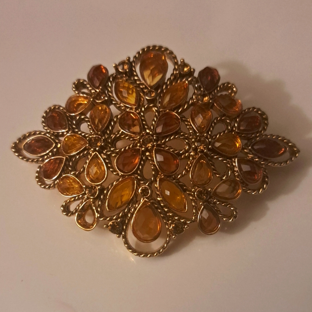 Vtg Monet Golden Amber Rhinestones Brooch Pin